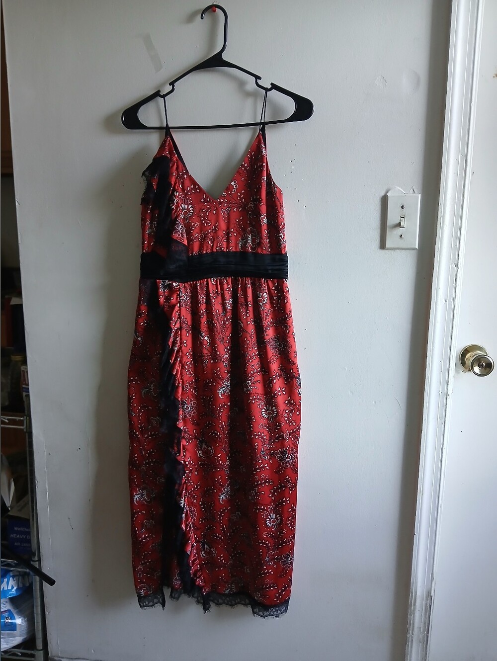 cinq a sept Red Floral Midi Dress with Black Waistband and Lace Trim